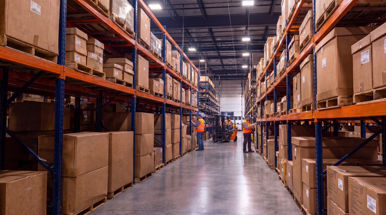 Modern industrial warehouse stocked with heavy-duty commercial truck parts